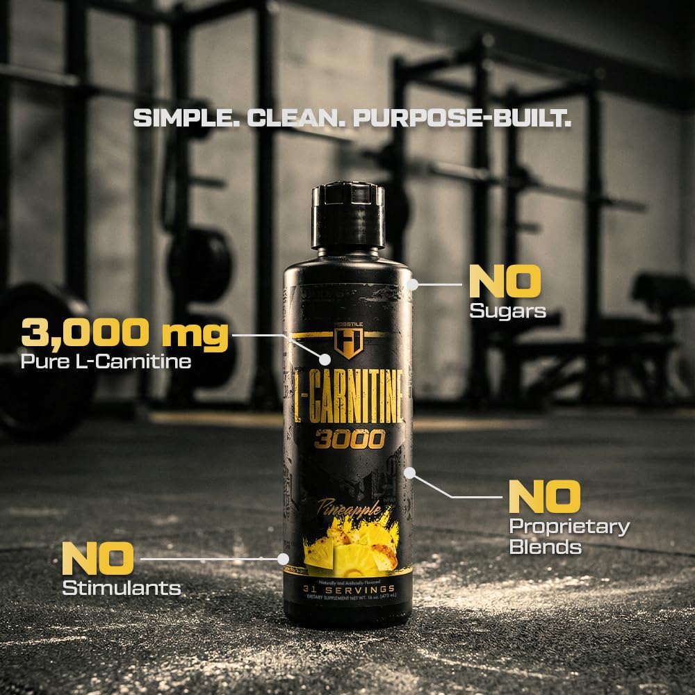 Pineapple flavor tub of HOSSTILE Liquid L-Carnitine emphasizes refreshing taste and performance.
