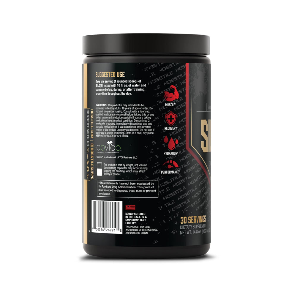 Coconut water powder highlight on SILO9 packaging for hydration support.