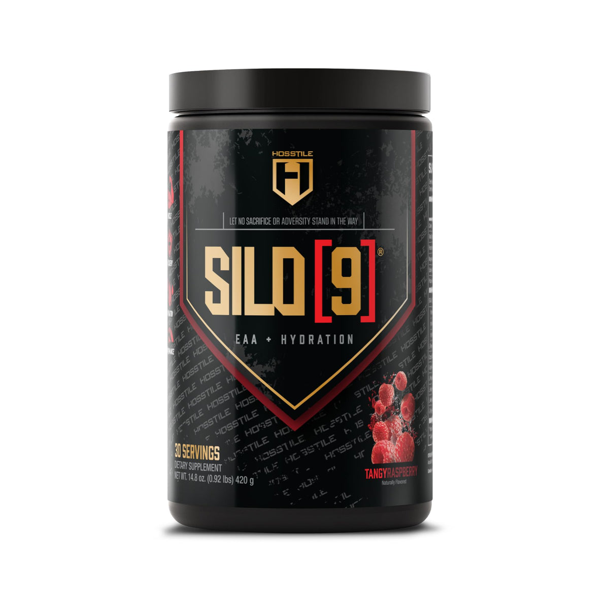 HOSSTILE SILO9 tub front label shows Tangy Raspberry flavor for EAA hydration.