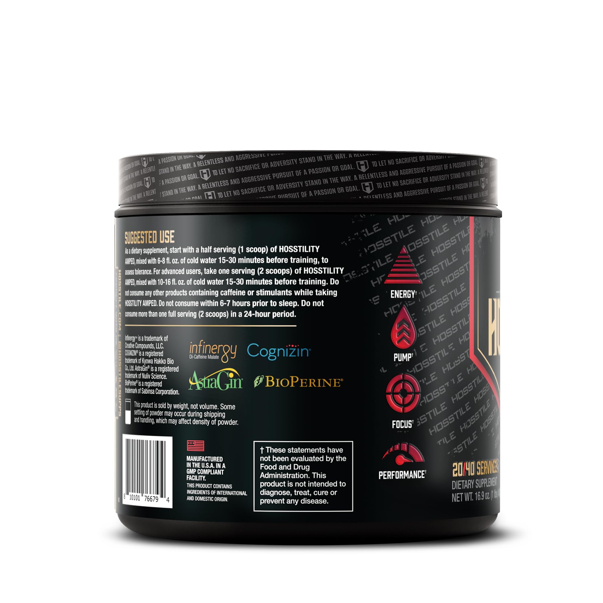 Close-up of Hosstility Amped bottle label with usage notes for workouts.