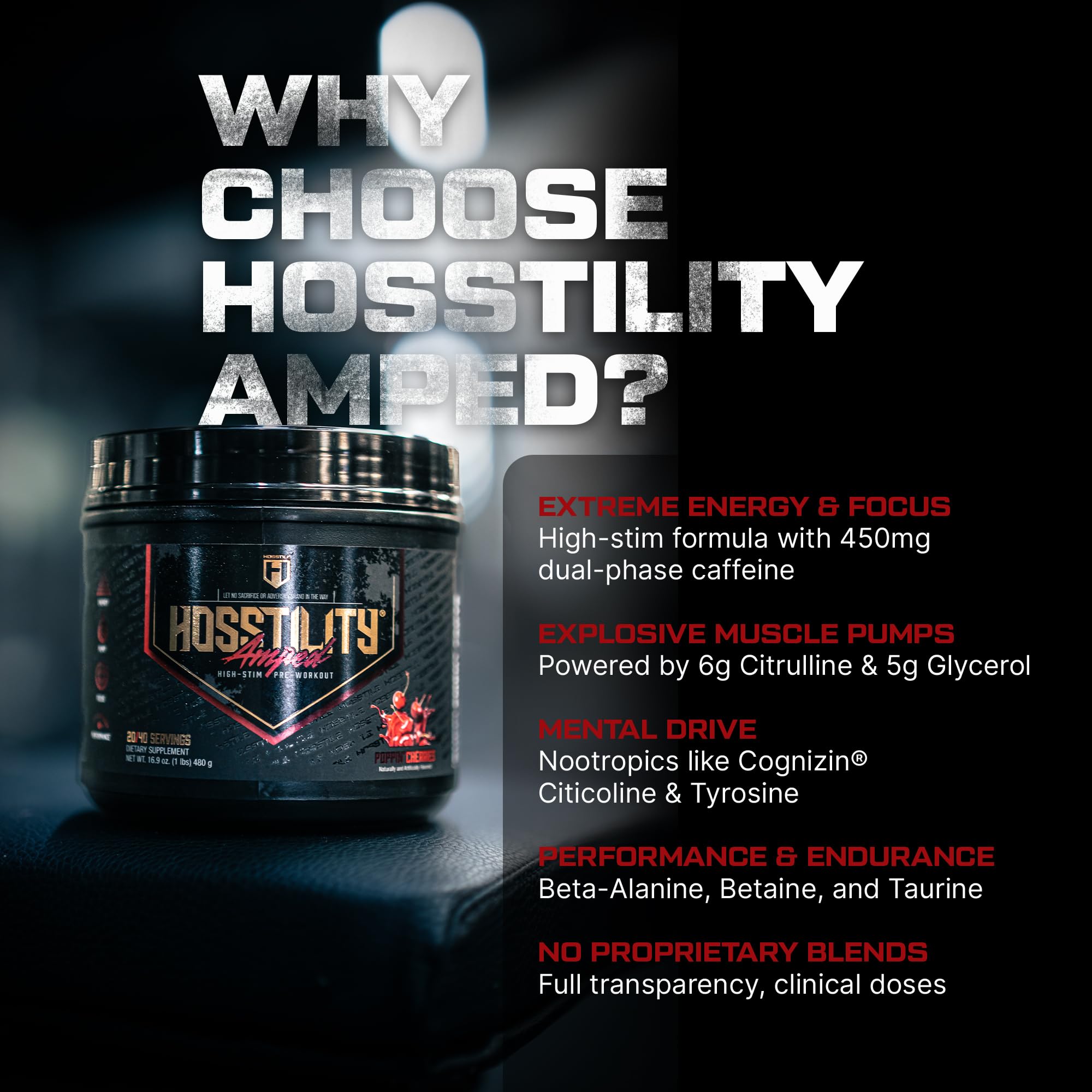 Close-up of the Hosstility Amped label with flavor and ingredients for training.