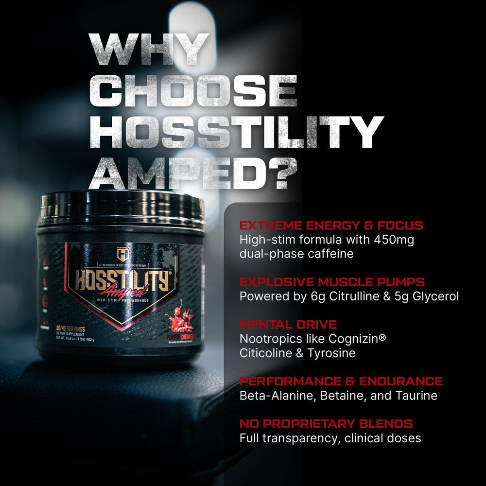 Close-up of the Hosstility Amped label with flavor and ingredients for training.