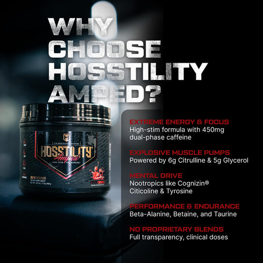 Close-up of the Hosstility Amped label with flavor and ingredients for training.