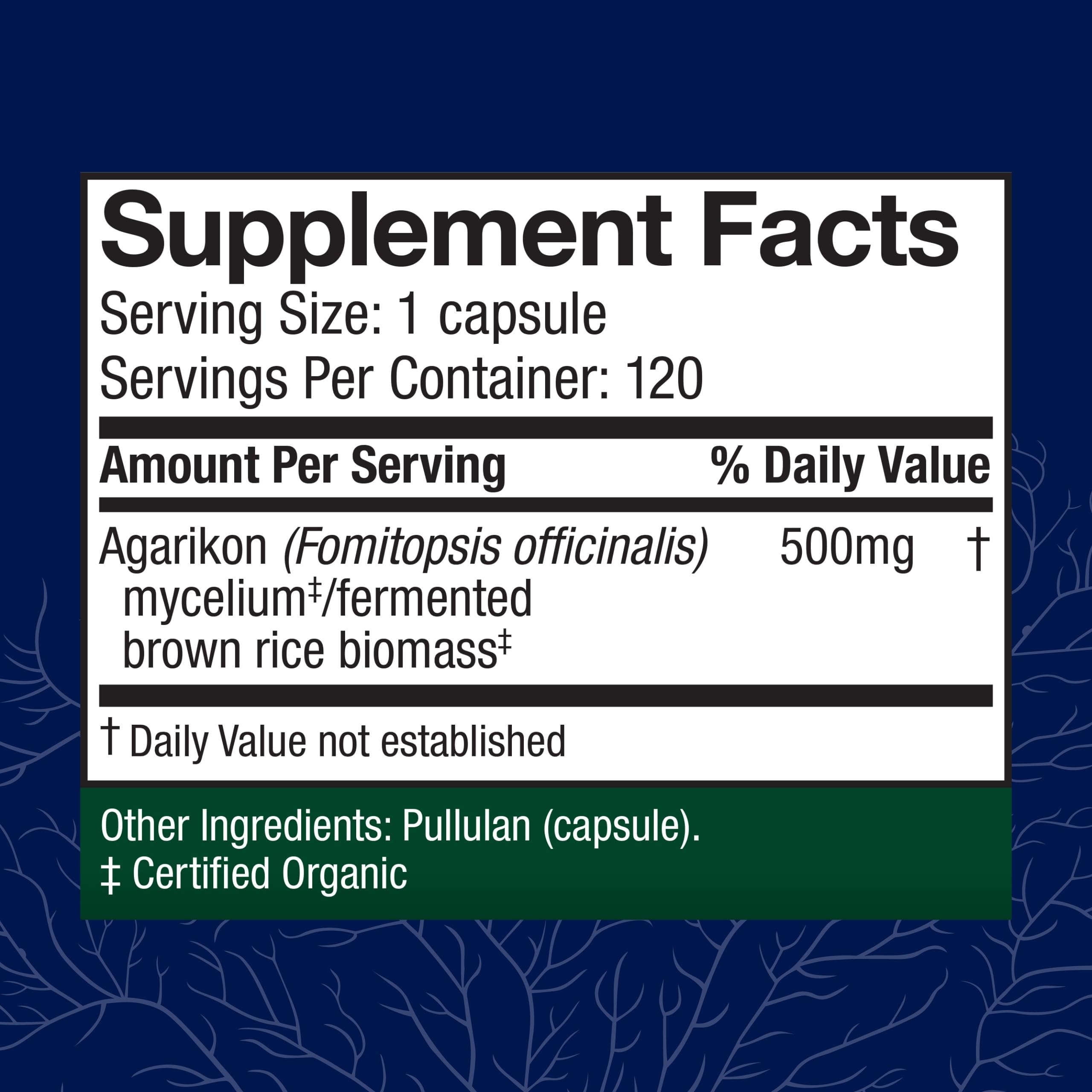 Close-up of the Agarikon label highlighting mushroom-based immune support.