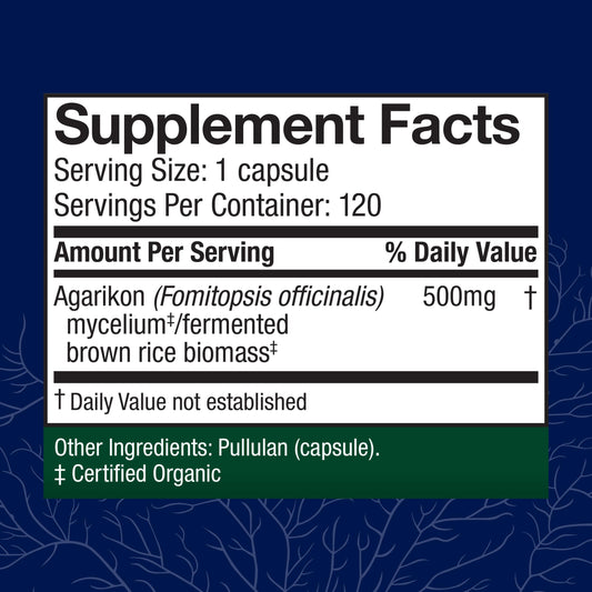 Close-up of the Agarikon label highlighting mushroom-based immune support.