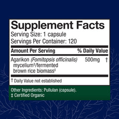Close-up of the Agarikon label highlighting mushroom-based immune support.