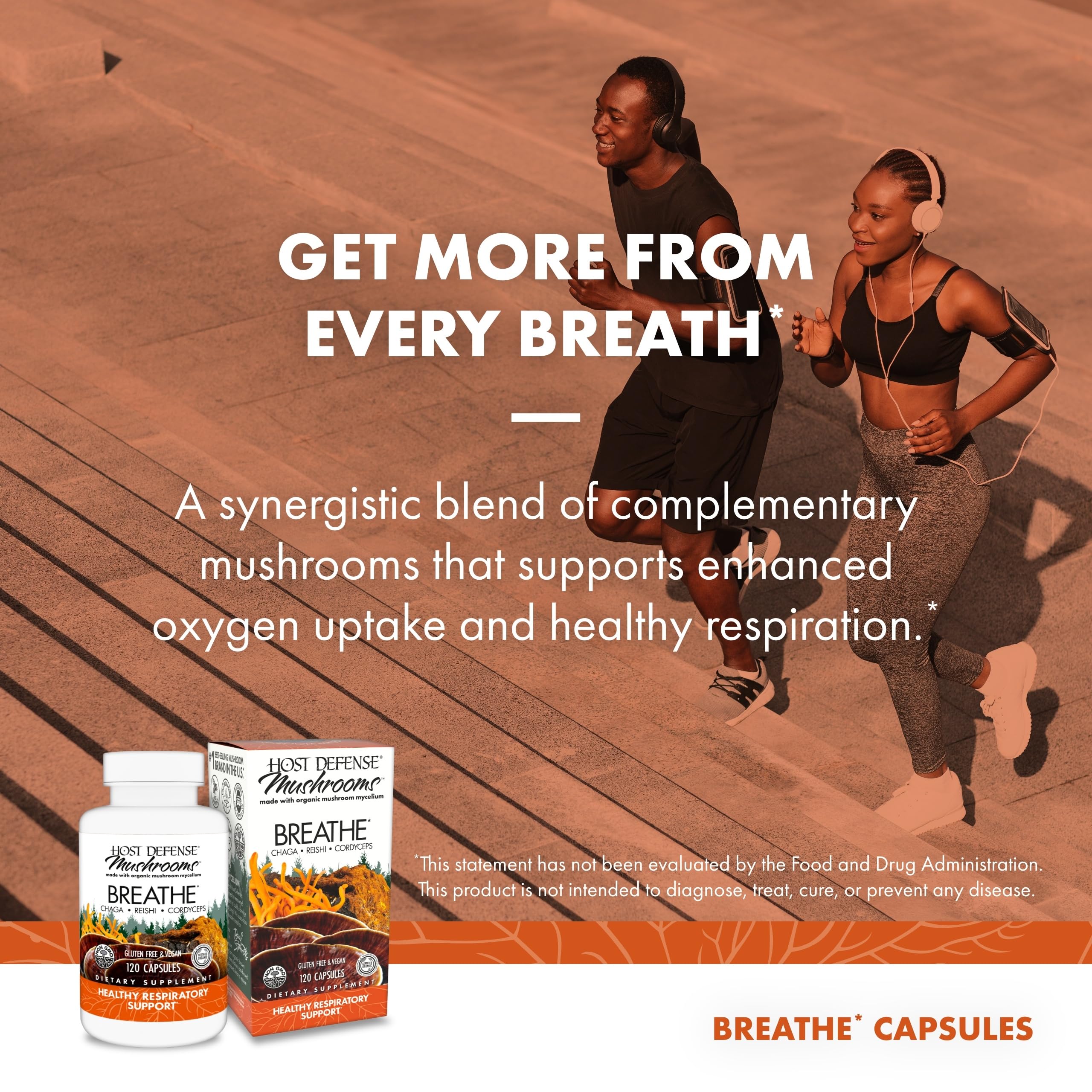 Host Defense Breathe dosage scene shows a two-capsule daily serving.