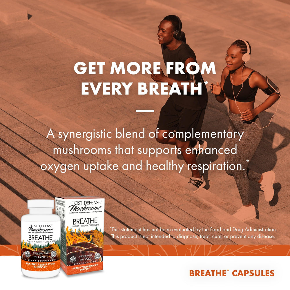 Host Defense Breathe dosage scene shows a two-capsule daily serving.