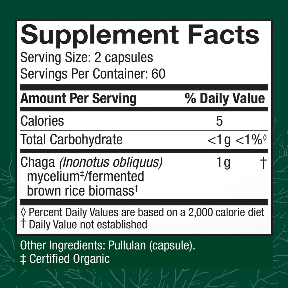 Back of Host Defense Chaga Capsules bottle with usage guidance for safe daily use