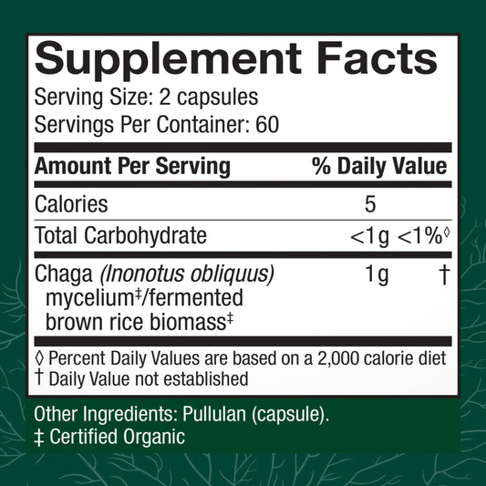 Back of Host Defense Chaga Capsules bottle with usage guidance for safe daily use