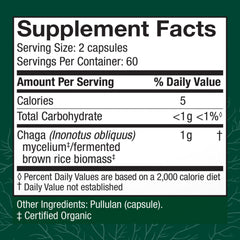 Back of Host Defense Chaga Capsules bottle with usage guidance for safe daily use