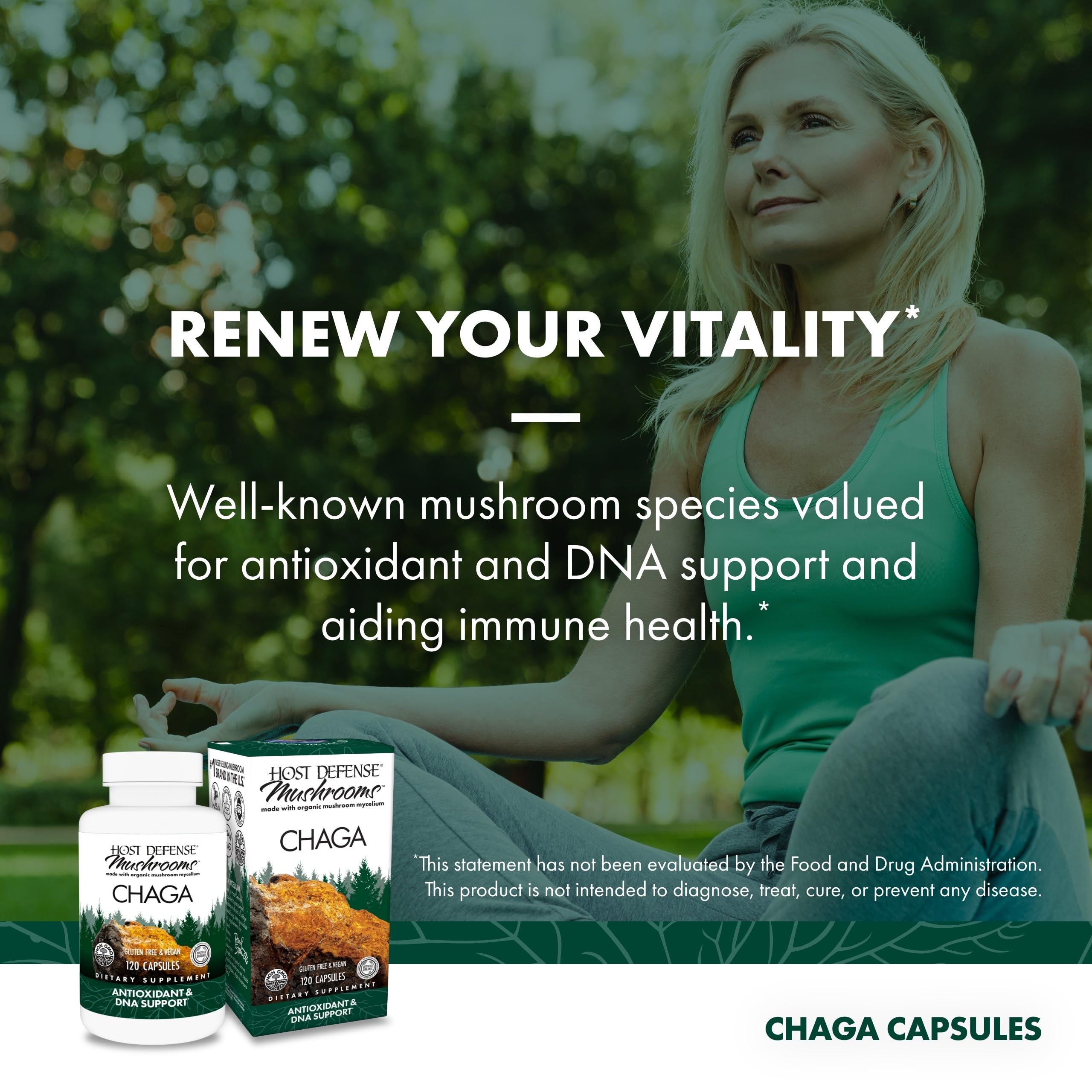 Host Defense Chaga Capsules ingredients panel showing mushroom mycelium on rice substrate for quality