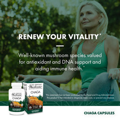 Host Defense Chaga Capsules ingredients panel showing mushroom mycelium on rice substrate for quality