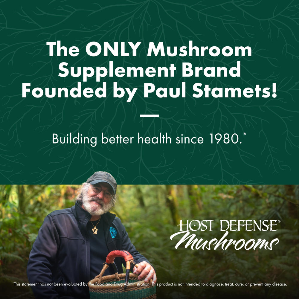Close-up of Host Defense Chaga Capsules label highlighting organic gluten-free status and quality