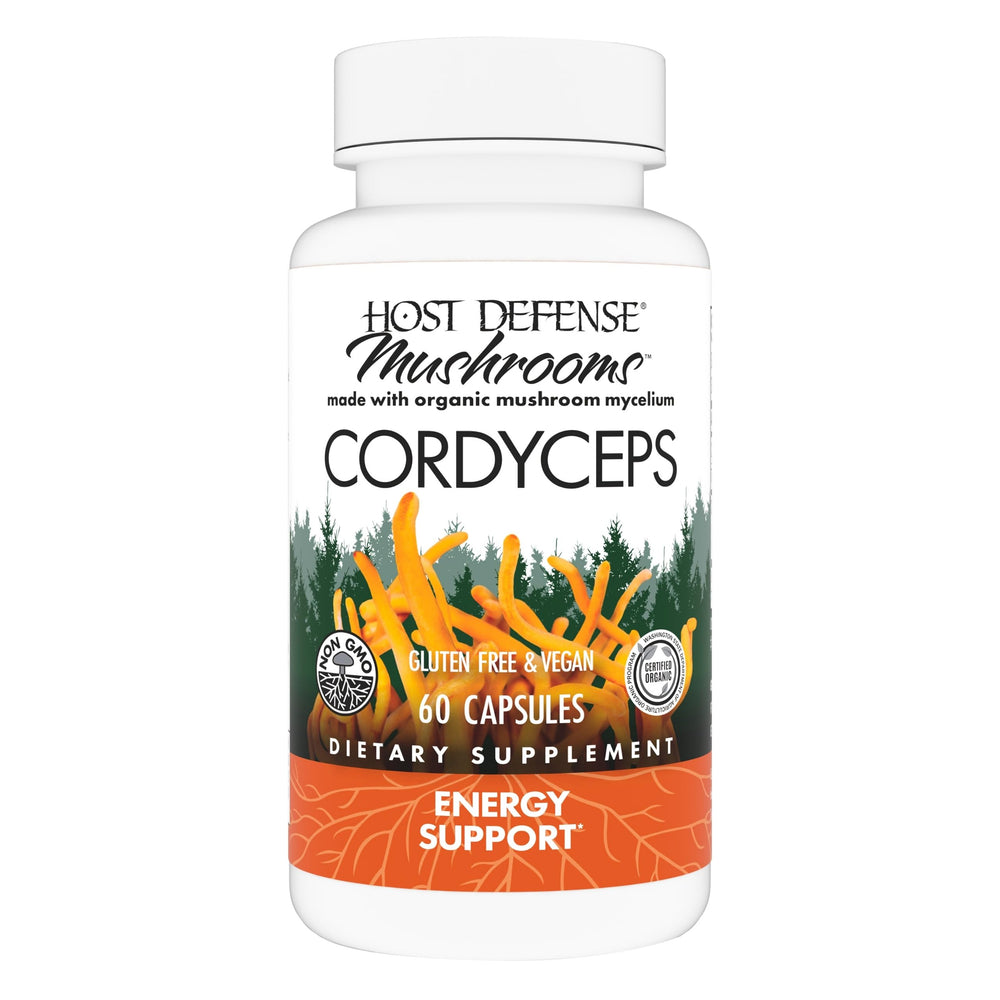 Host Defense Cordyceps capsules bottle shows immune and energy support potential.