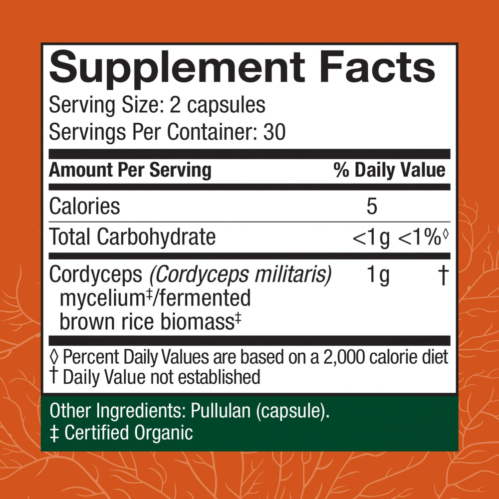 Host Defense Cordyceps packaging highlights organic, gluten-free, USA-grown ingredients.