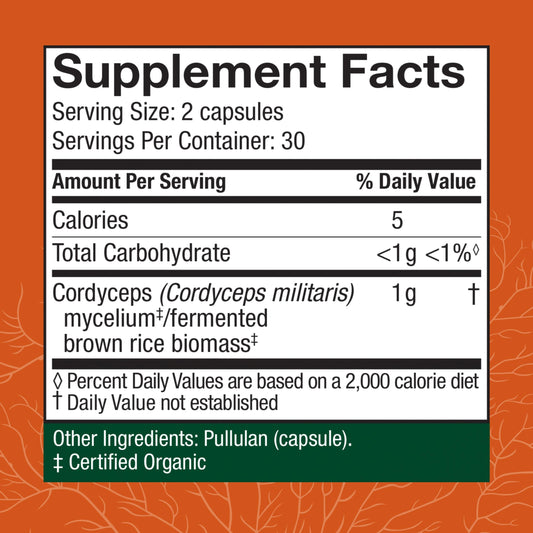 Host Defense Cordyceps packaging highlights organic, gluten-free, USA-grown ingredients.