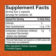 Host Defense Cordyceps packaging highlights organic, gluten-free, USA-grown ingredients.