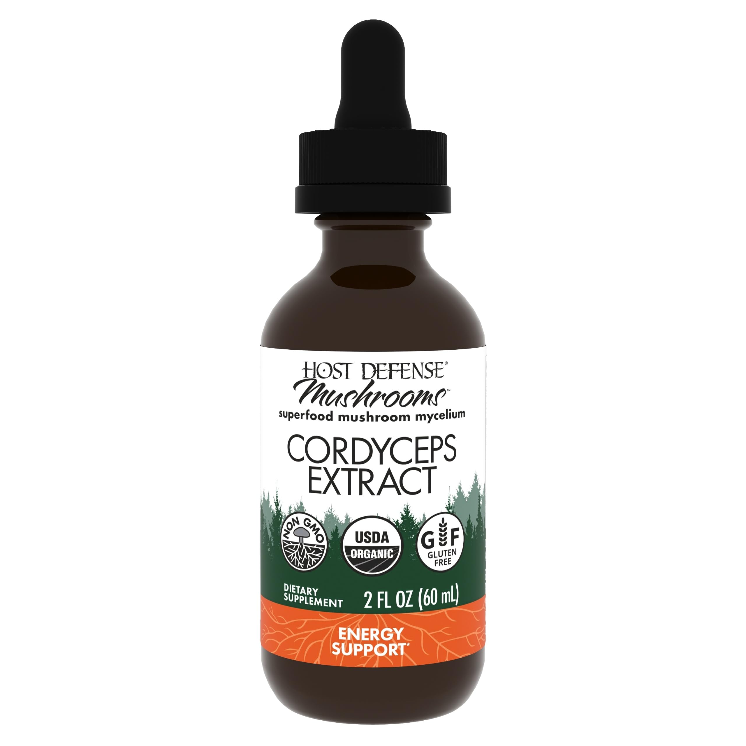 Host Defense Cordyceps extract bottle close-up highlighting immune support potential.
