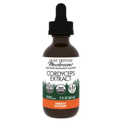 Host Defense Cordyceps extract bottle close-up highlighting immune support potential.