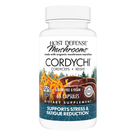 Host Defense CordyChi capsules bottle supports daily energy and immune comfort.