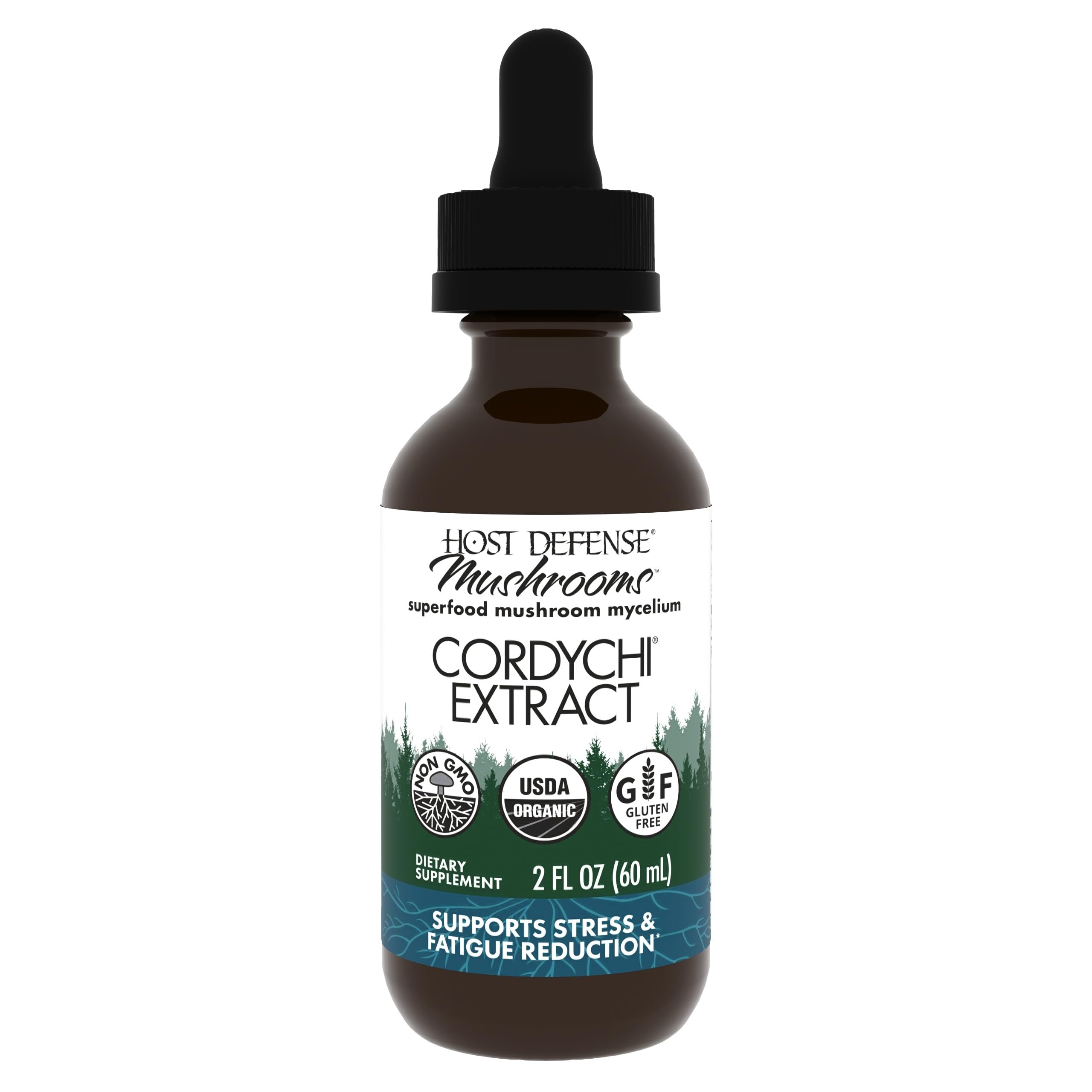 Host Defense CordyChi bottle and dropper highlighting energy support and immune balance.