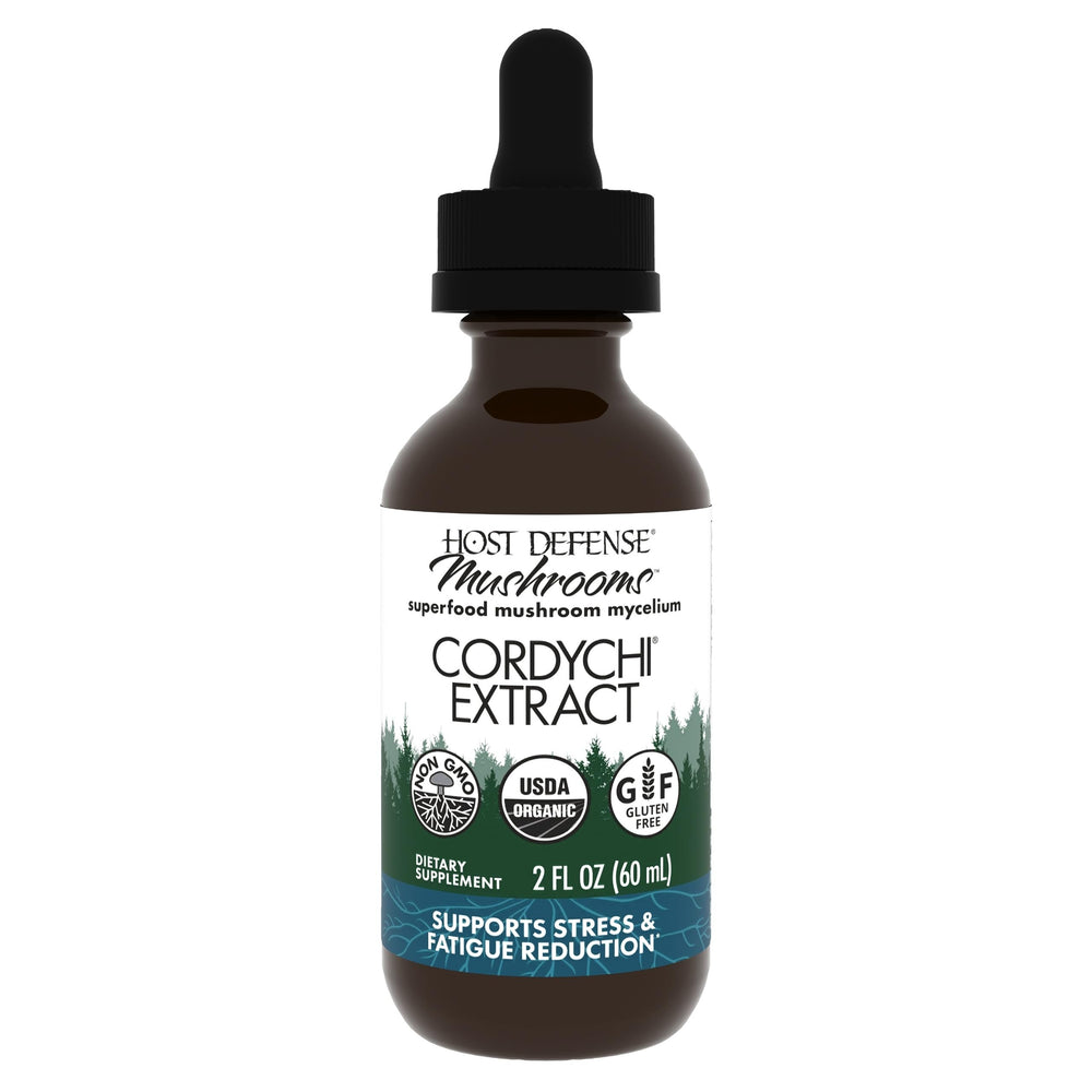 Host Defense CordyChi bottle and dropper highlighting energy support and immune balance.