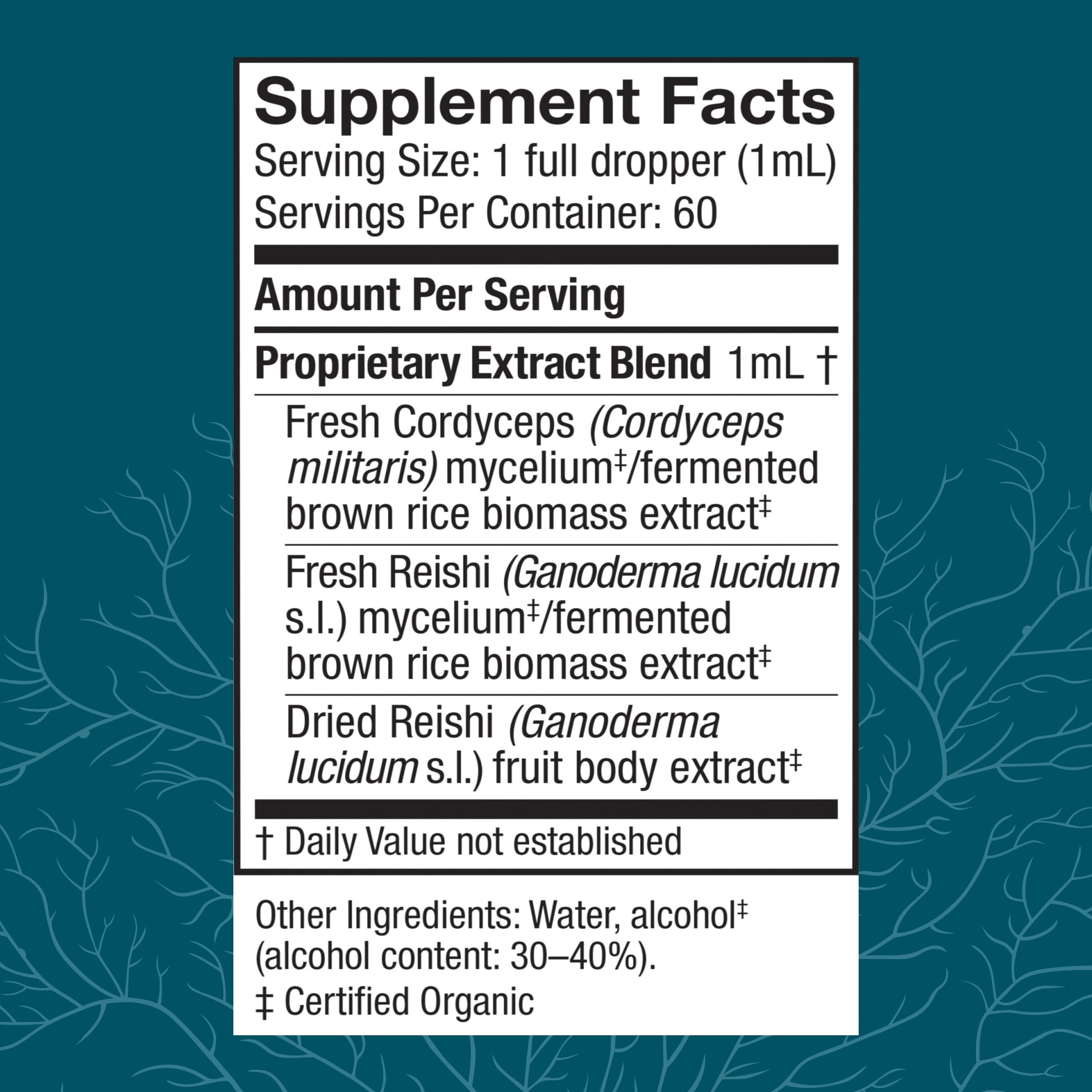 Host Defense CordyChi extract dropper with dosage guidance for daily use.