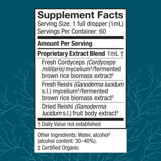 Host Defense CordyChi extract dropper with dosage guidance for daily use.