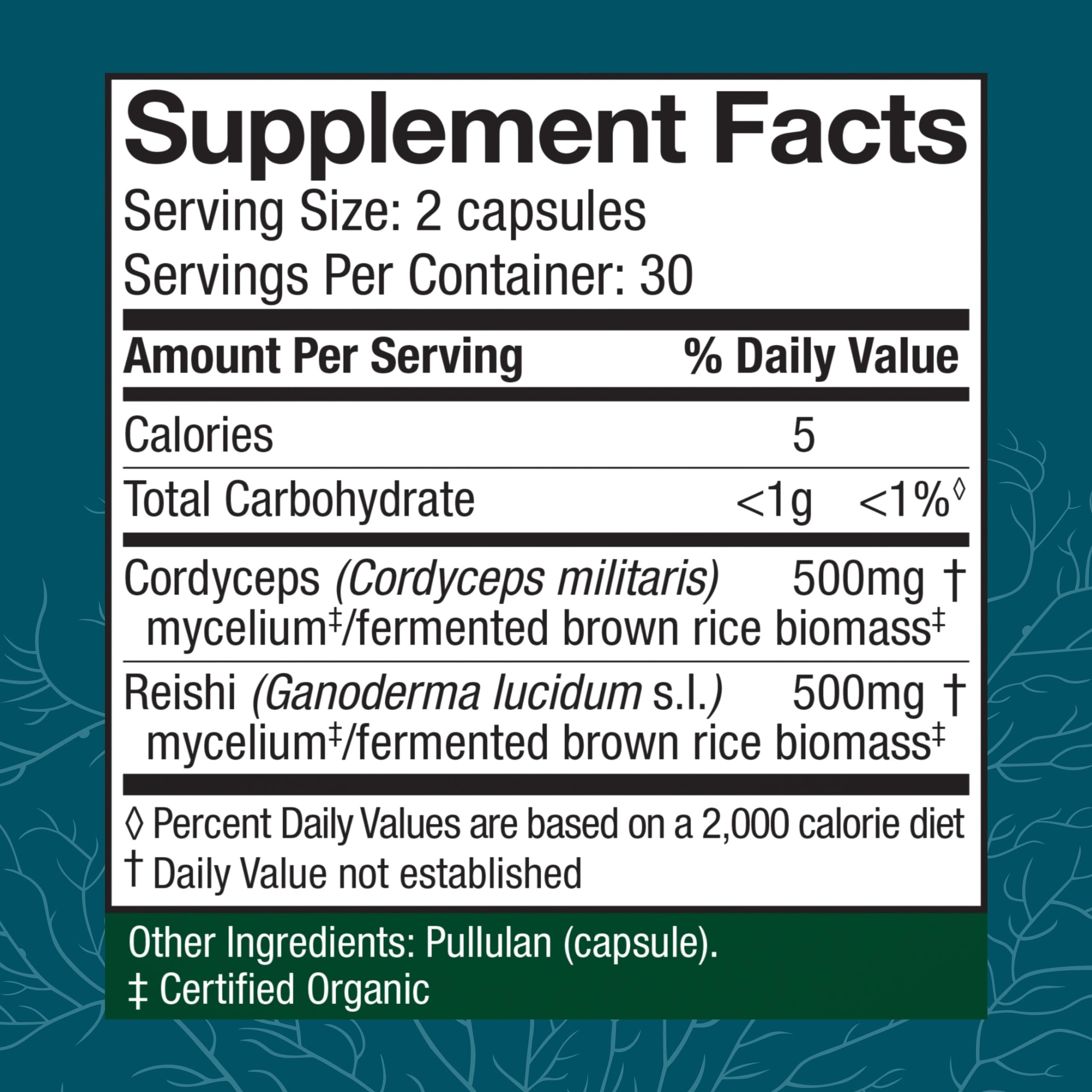 Host Defense CordyChi packaging label showcases Cordyceps and Reishi benefits.