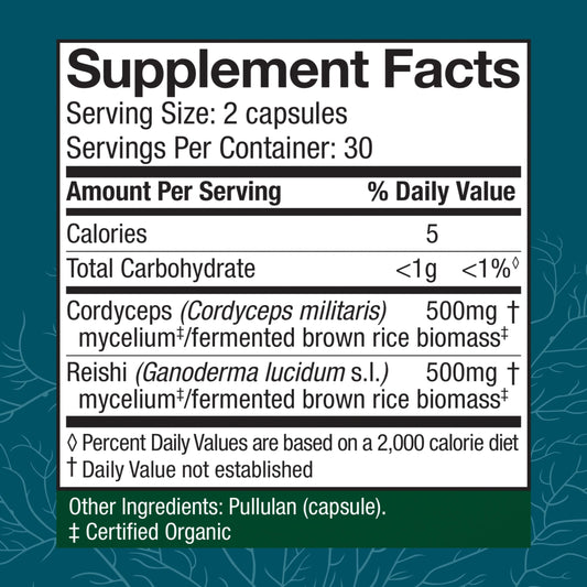 Host Defense CordyChi packaging label showcases Cordyceps and Reishi benefits.