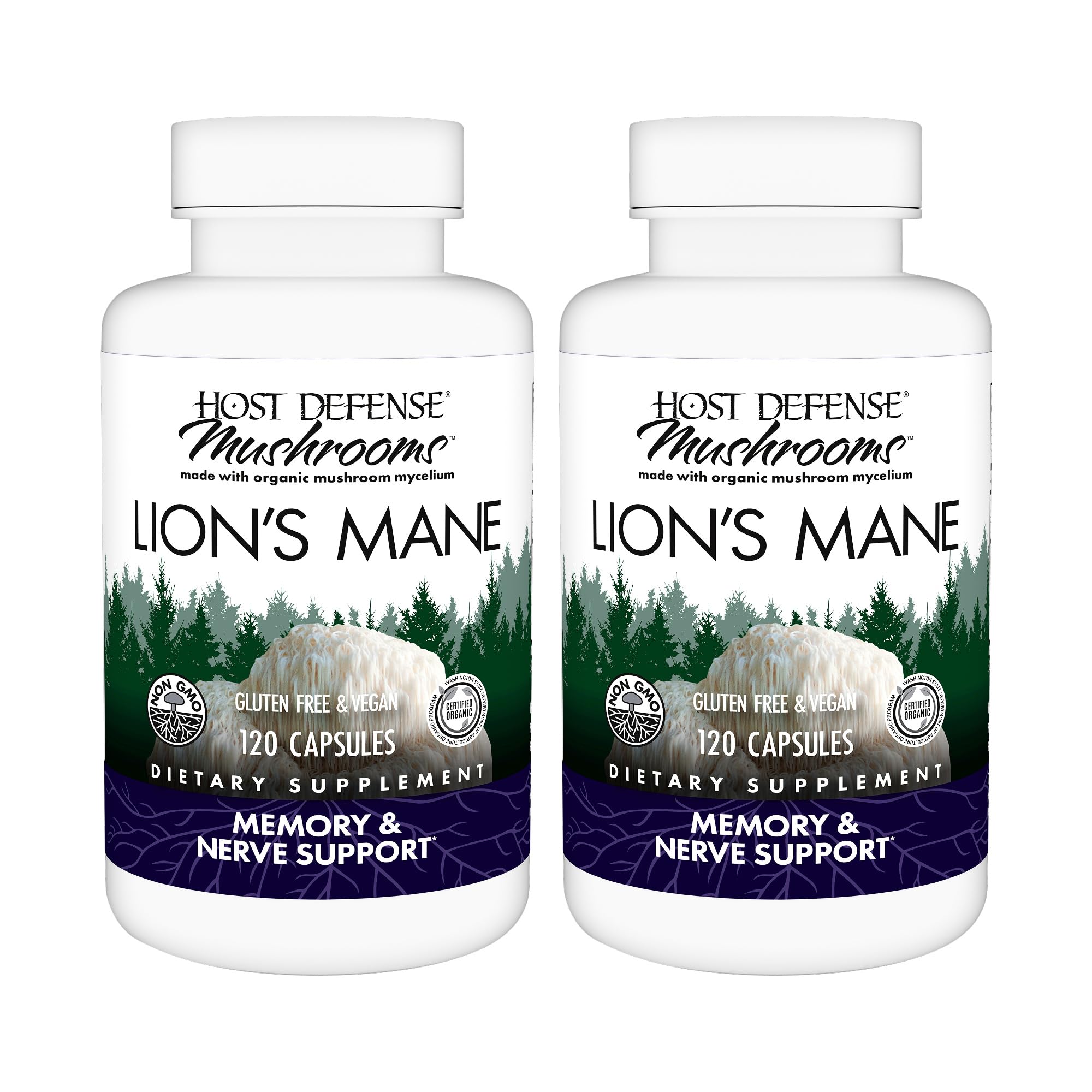Host Defense Lion's Mane capsules bottle on wood for daily focus support.