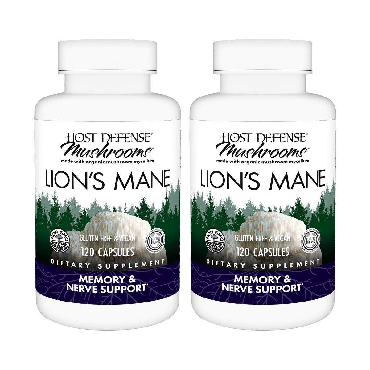 Host Defense Lion's Mane capsules bottle on wood for daily focus support.