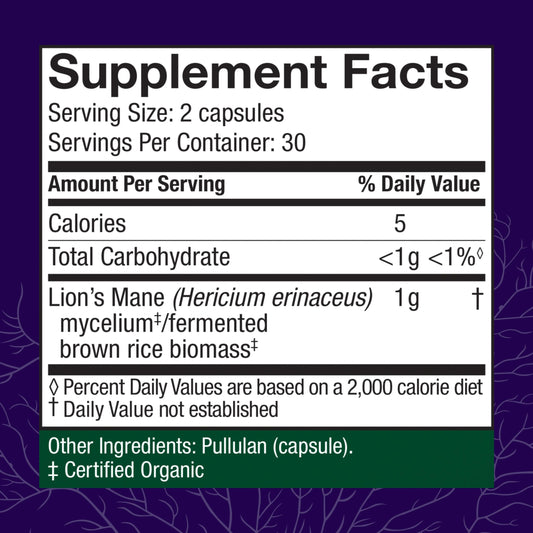 Host Defense Lion's Mane capsules close-up for focus and memory support.