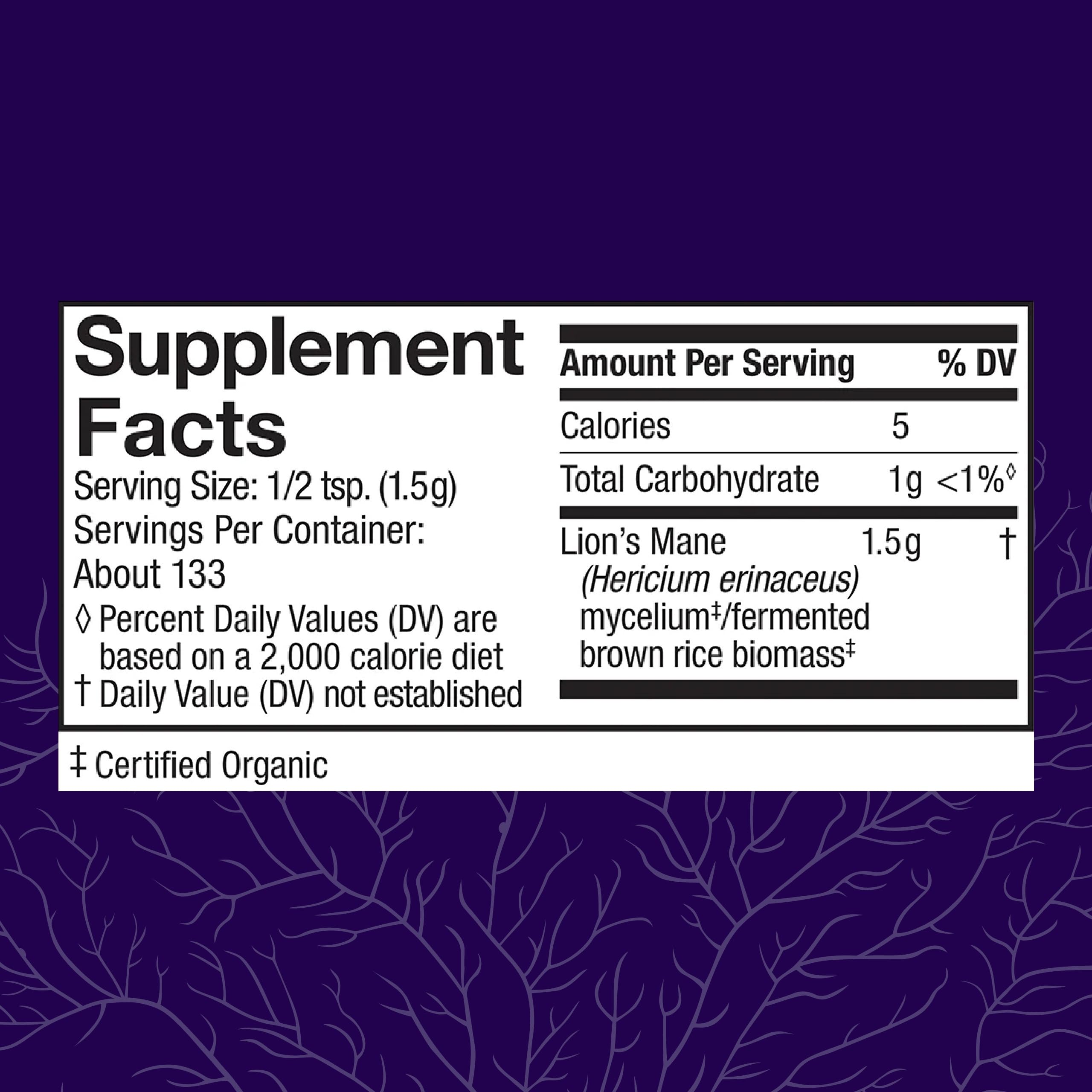 Host Defense Lion's Mane Powder label shows organic, USA-grown mycelium.