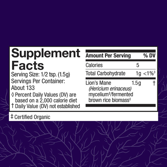 Host Defense Lion's Mane Powder label shows organic, USA-grown mycelium.