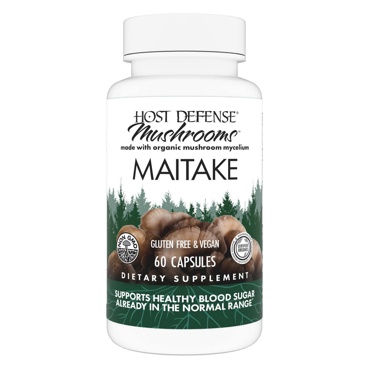 Host Defense Maitake Capsules bottle on white background highlighting immune support potential.