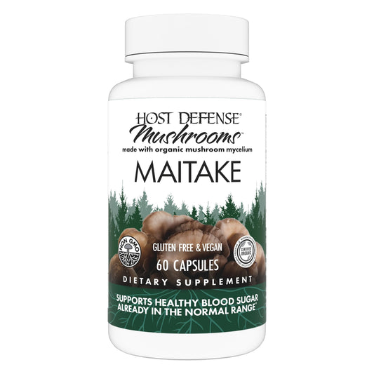 Host Defense Maitake Capsules bottle on white background highlighting immune support potential.