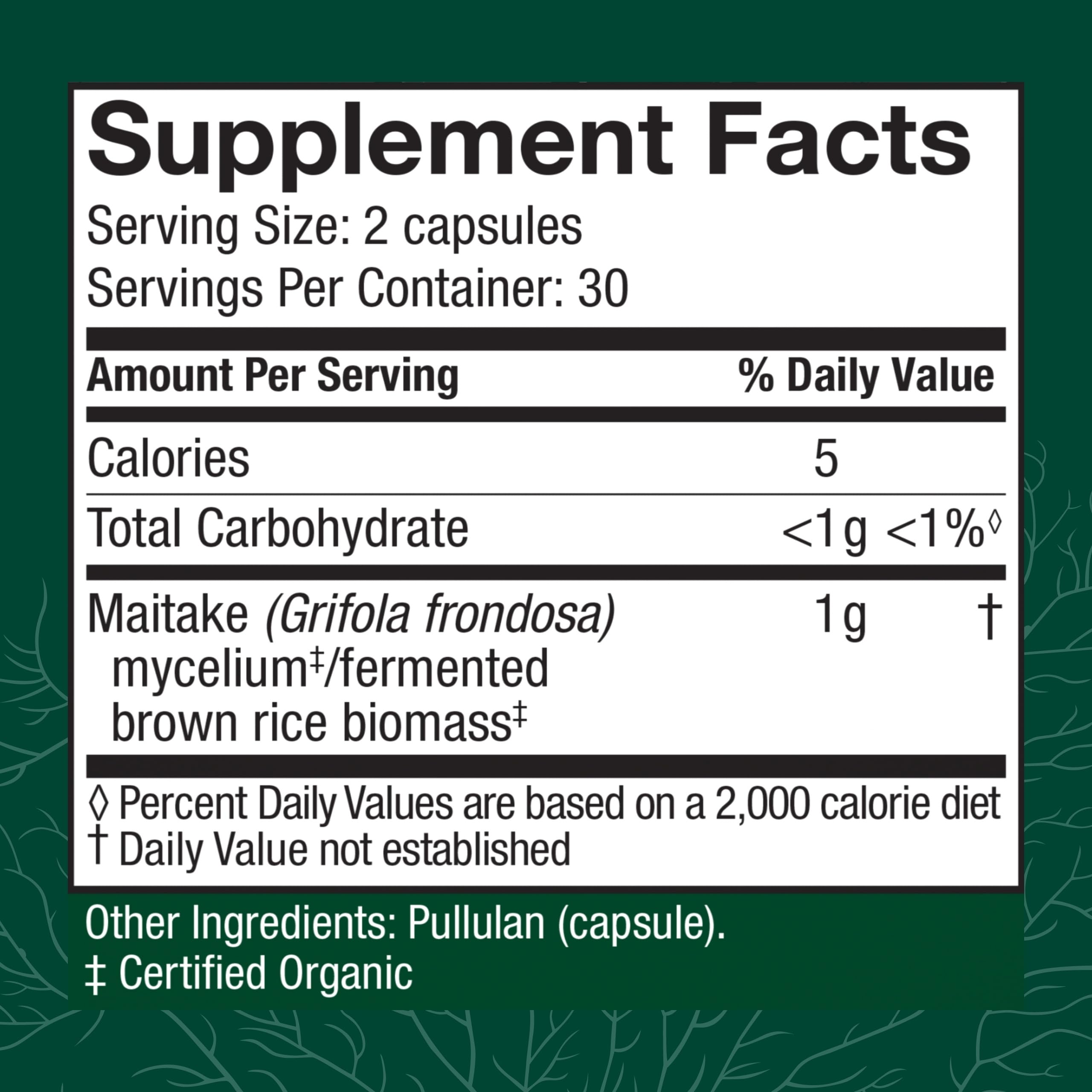 Host Defense Maitake Capsules label close-up emphasizing organic, non-GMO mushroom supplement.