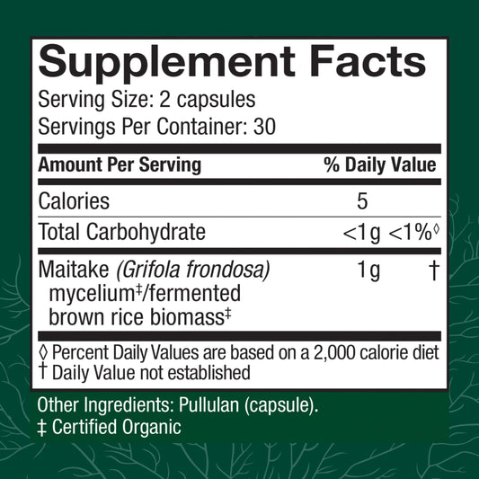 Host Defense Maitake Capsules label close-up emphasizing organic, non-GMO mushroom supplement.