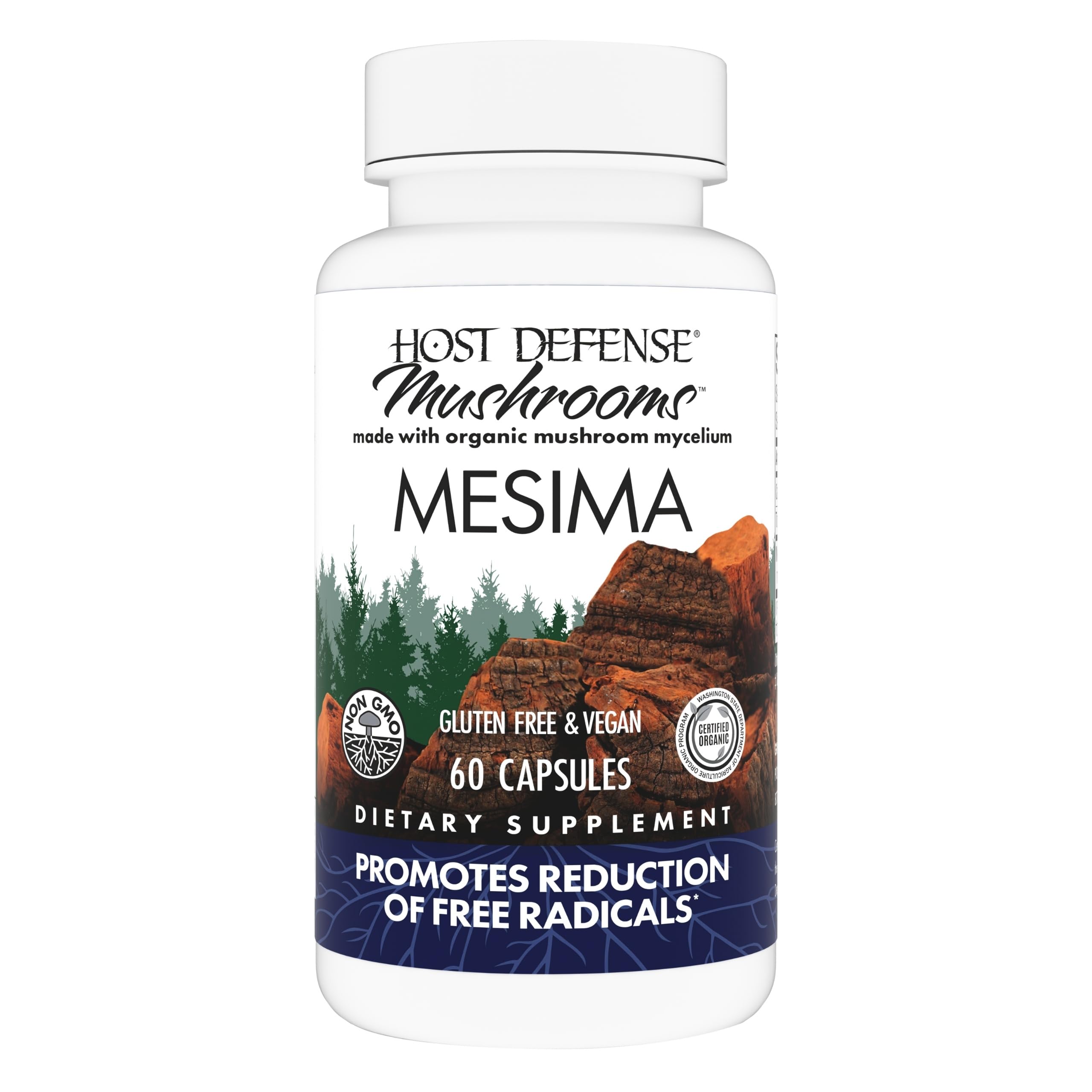 Host Defense Mesima capsules bottle on countertop suggests immune support potential.