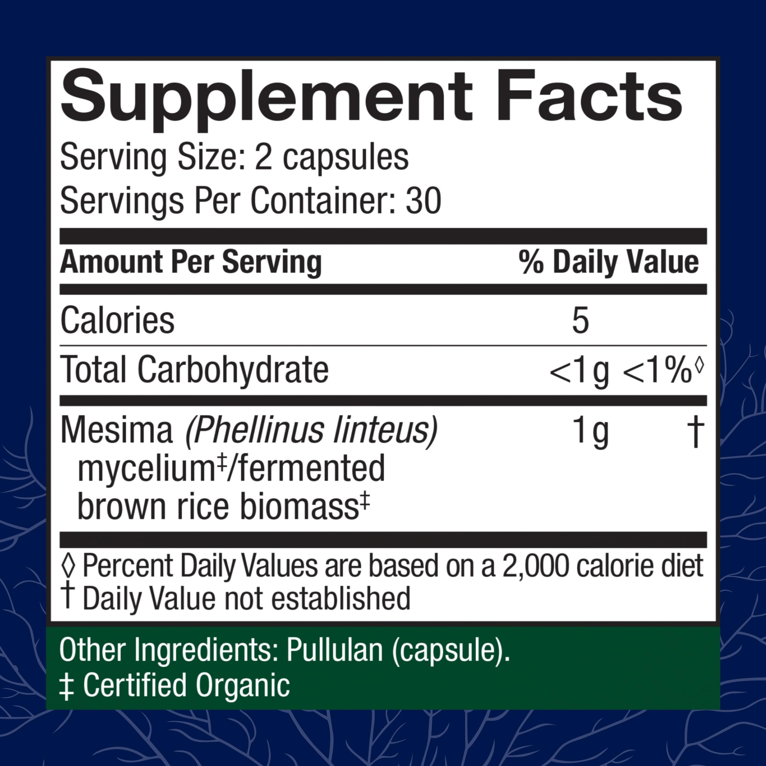 Host Defense Mesima capsules label highlights organic, non-GMO, gluten-free features.