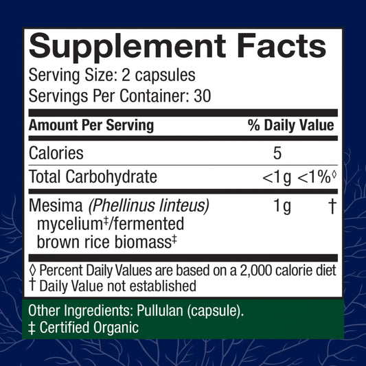 Host Defense Mesima capsules label highlights organic, non-GMO, gluten-free features.