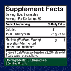 Host Defense Mesima capsules label highlights organic, non-GMO, gluten-free features.