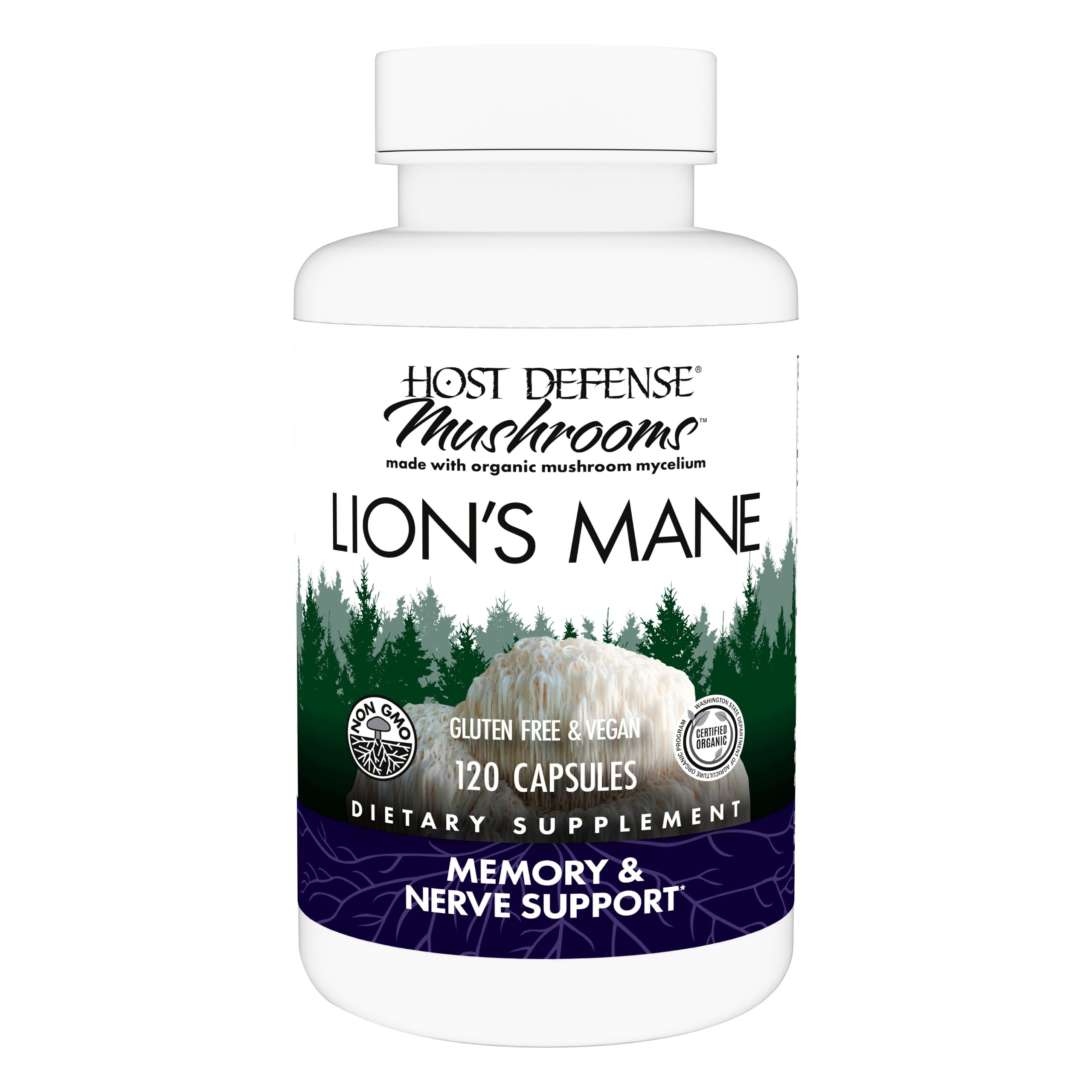 Host Defense Lion's Mane capsules bottle promotes brain health support