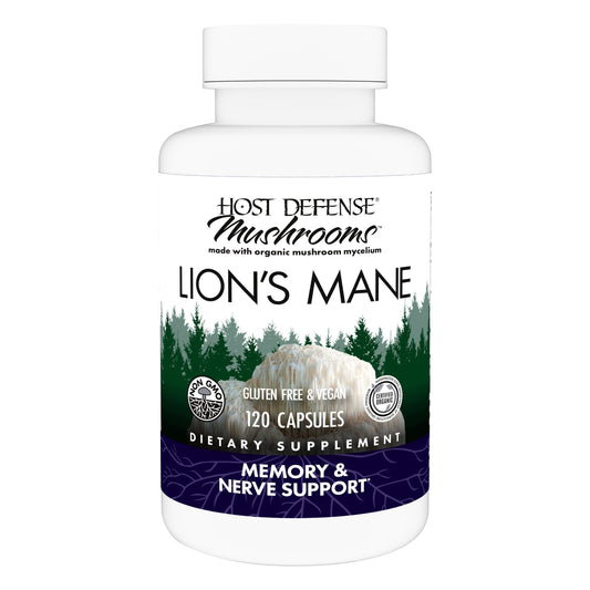 Host Defense Lion's Mane capsules bottle promotes brain health support
