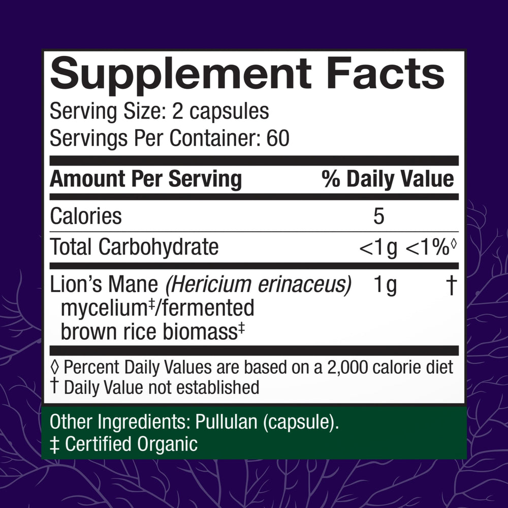 Host Defense Lion's Mane label closeup highlights organic and non-GMO features