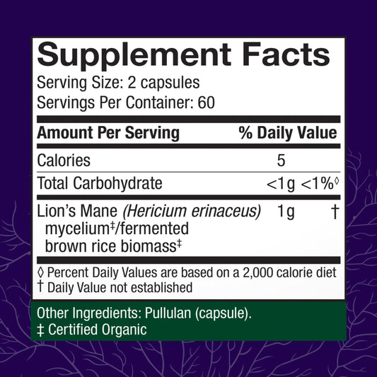 Host Defense Lion's Mane label closeup highlights organic and non-GMO features