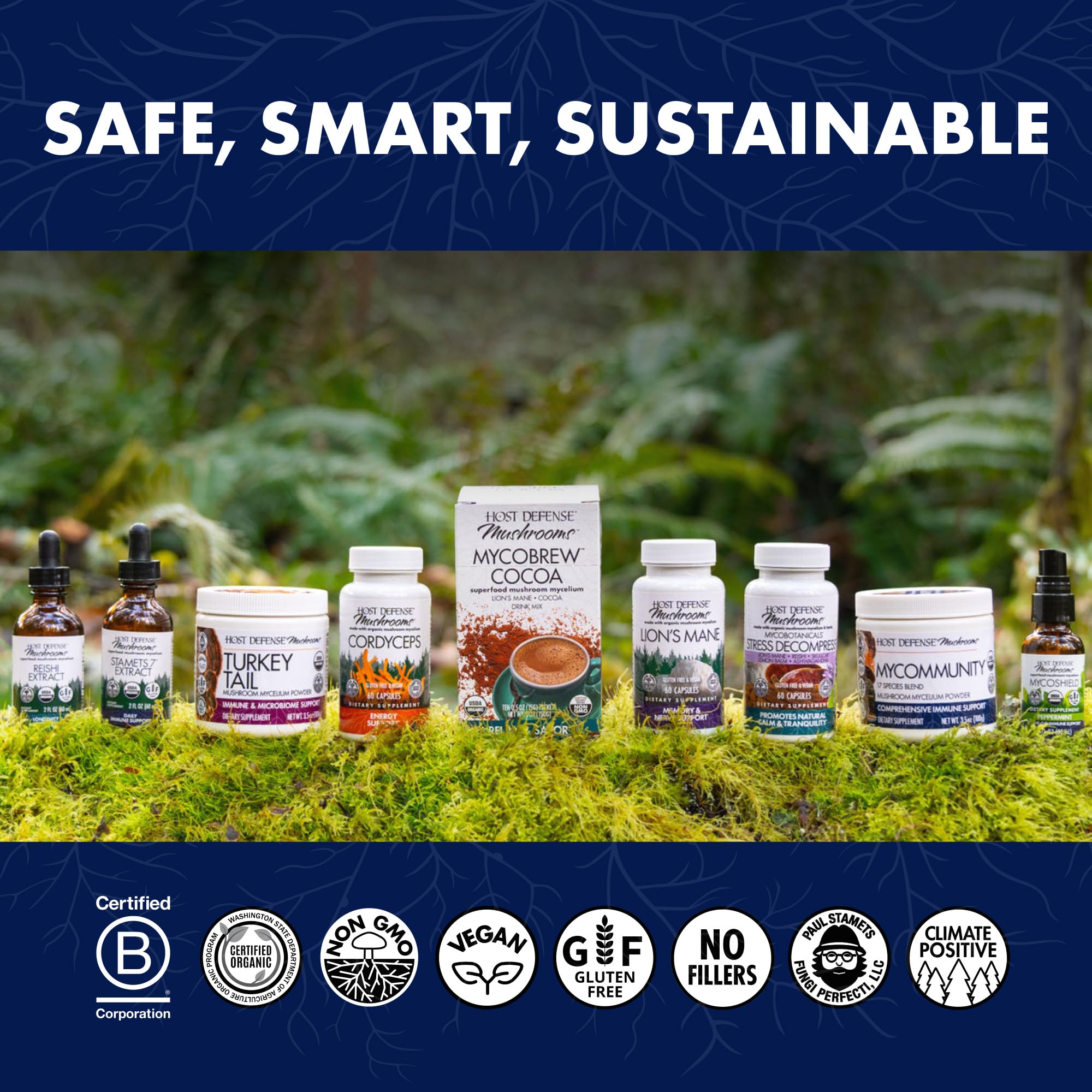 Host Defense Mushrooms branding packaging emphasizes organic, USA-made origin