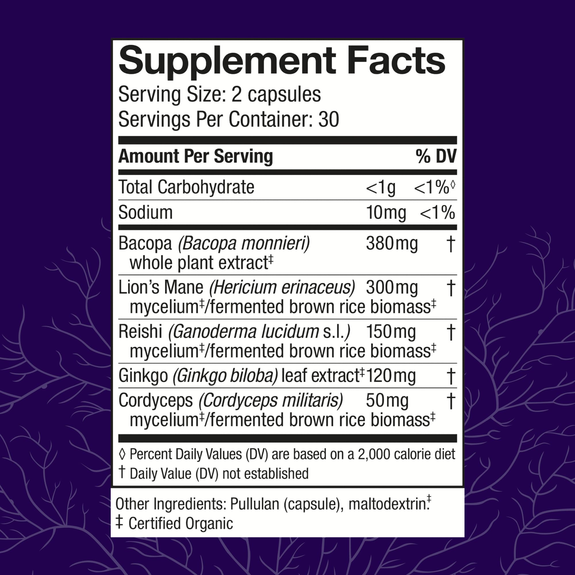 Host Defense MycoBotanicals Brain Capsules bottle side showing label details